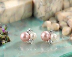 Pink & White Faux Pearl Stud Earrings Silver Tone Rhinestone Cluster Gift