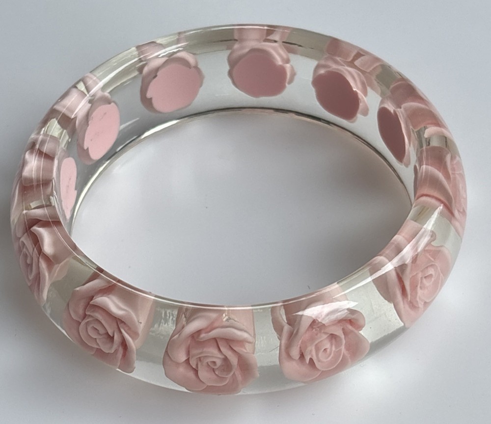Vintage Lucite Clear Bangle Plastic Resin Pink Embedded Roses