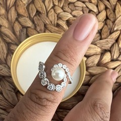 Rhodium Plated Silver Wrap Cocktail Ring Simulated White Pearl CZ Sz 7 RG44930