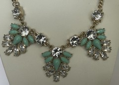 Mint Green Rhinestone Statement Necklace Gold Tone Bib Clear Crystal Adjustable