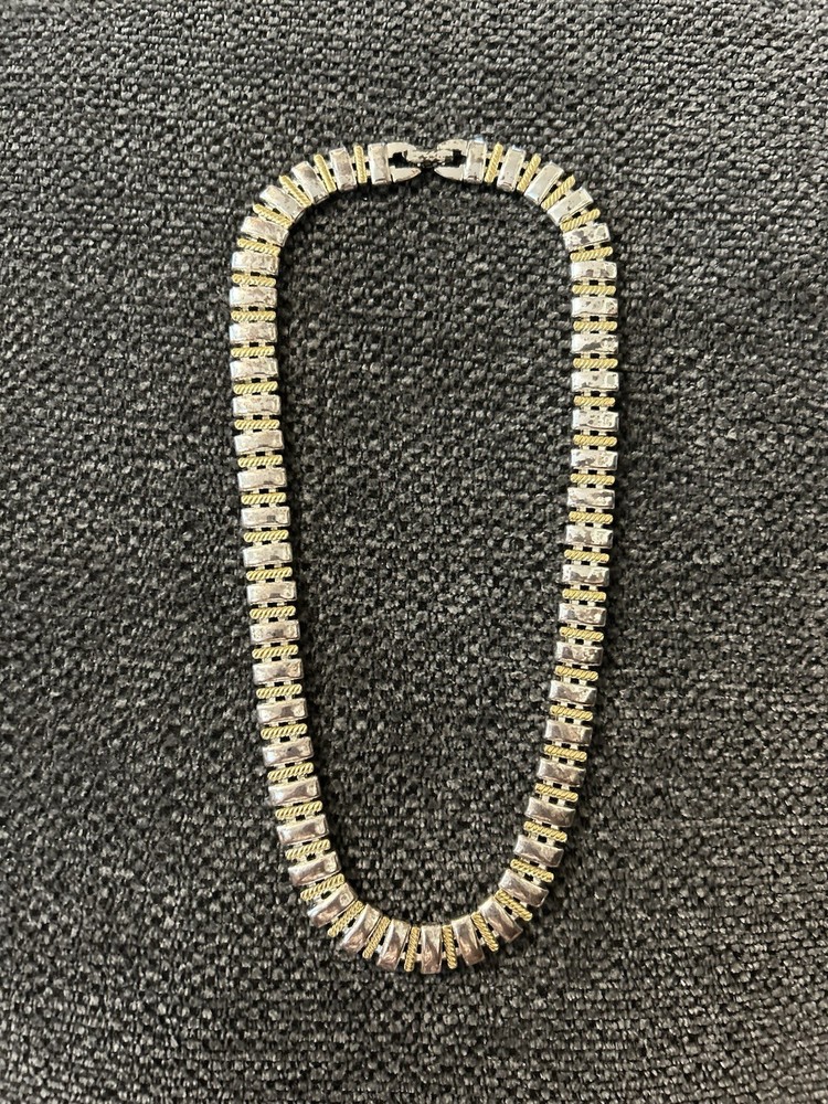 Vintage Two-Tone Silver & Gold Tone Bar Link Chain Necklace Metal Box Clasp