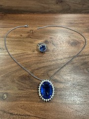 Vintage 1972 Avon Signed Blue Oval Crystal Rhinestone Halo Necklace & Ring.