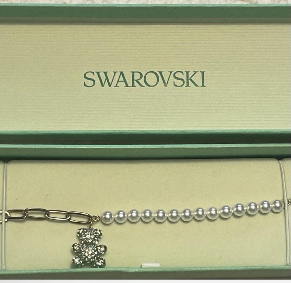 Swarovski Signed Silver Bar Link Chain Bracelet Crystal Teddy Bear Dangle Charm