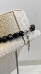 black onyx statement necklace large floral pendant, silver and gold beads, used