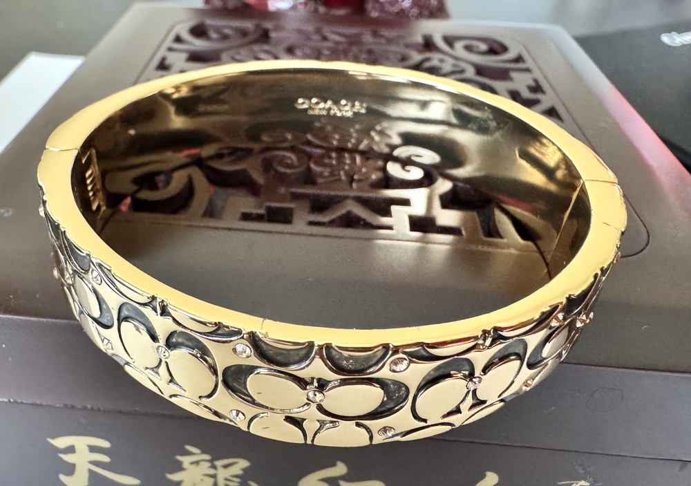 COACH Signature C Hinged Bangle Bracelet Gold Tone Size 59.7 mm
