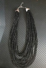 Black Glass Beaded Statement Multi-Strand Bib Necklace Ball/Bead Chain 15in