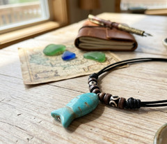 Mini Fish Pendant Necklace Turquoise Howlite Minimalist Boho Black Silk Cord