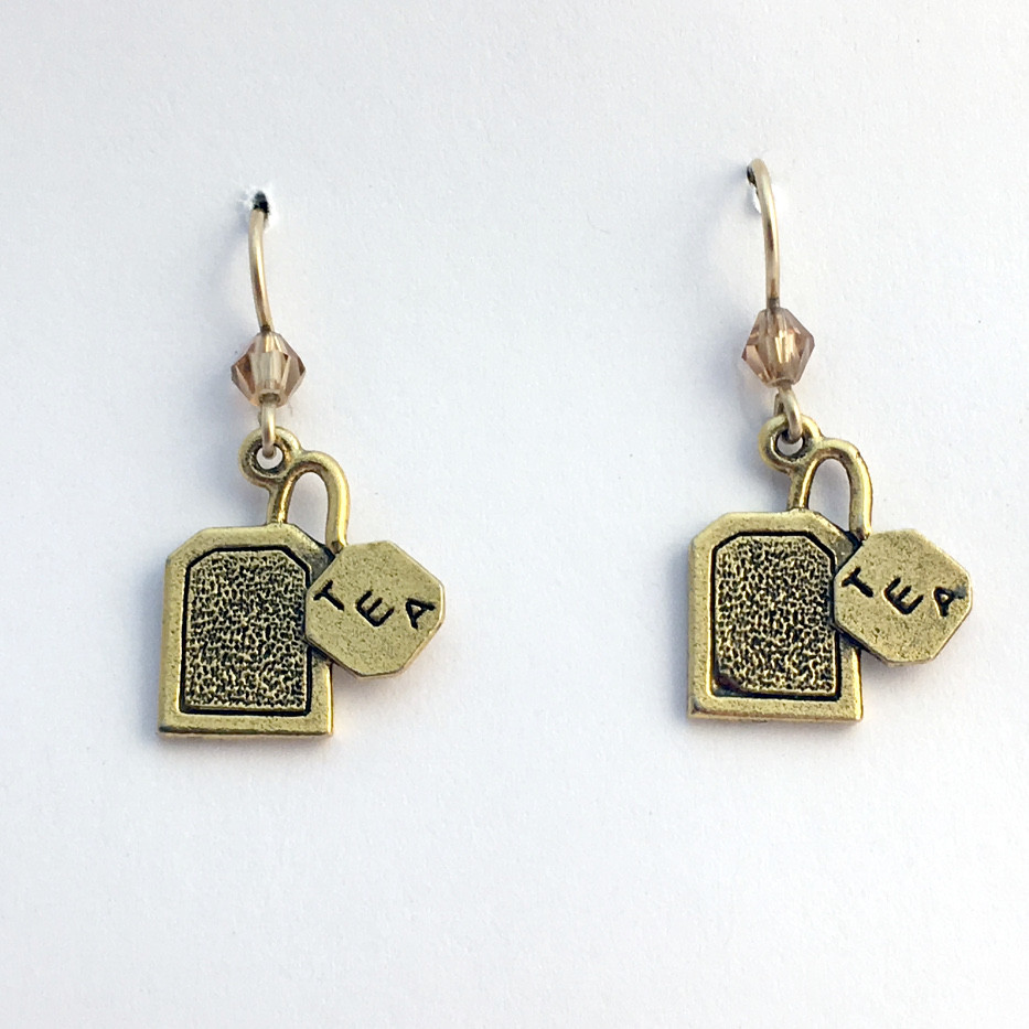 Gold tone Pewter & 14k gf tea bag dangle Earrings- tea lover- teabag, tea bags