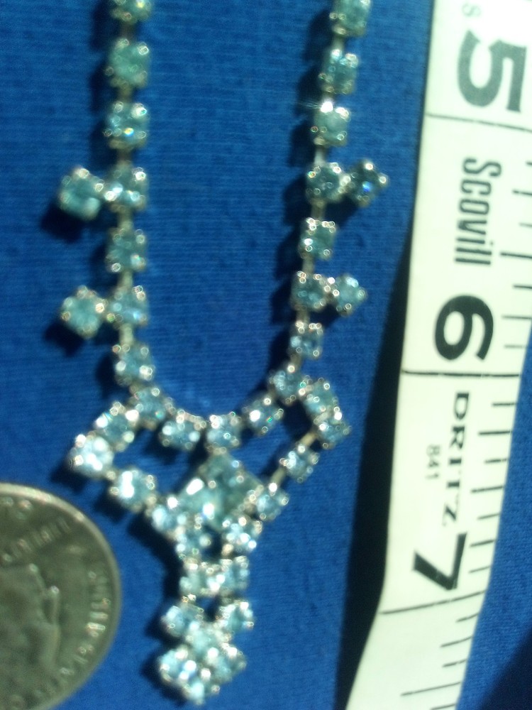 Light Blue Rhinestone Collar Style Necklace, 110 Stones, 14″L, Silver Tone