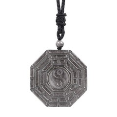 40mm Silver Obsidian bagua Chakra Pendant Adjustable Necklace 16-26 inch