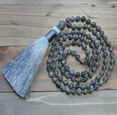 Gray Labradorite Gems Tibet Buddhist 108 Prayer Beads Mala Necklace Meditation