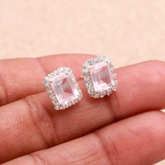 Natural Rose Quartz Octagon Stud Earrings 925 Sterling Silver Moissanite Jewelry