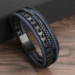 1pc Men’s Multilayer Leather Rope Bracelet Alloy Magnetic Buckle Bangle – NEW