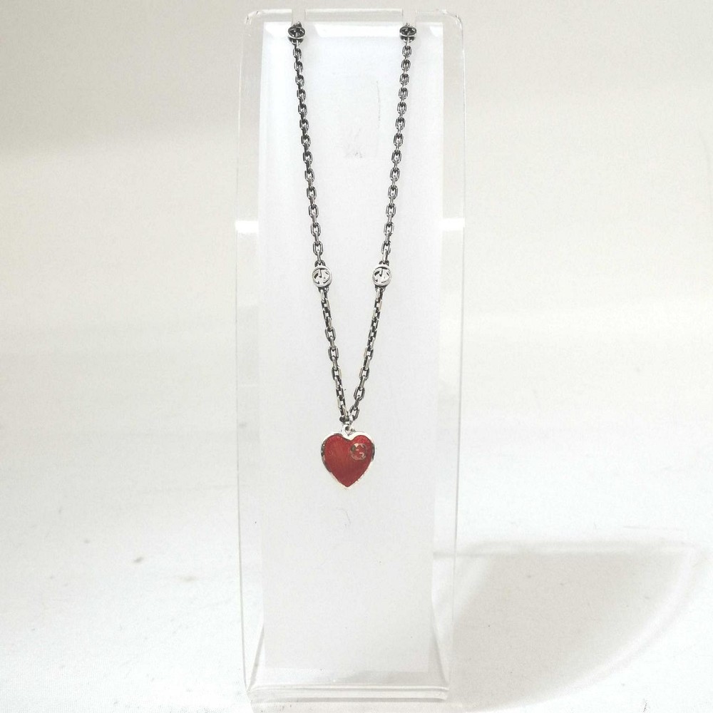 Authentic GUCCI Sterling Silver 925 Interlocking G Red Heart Necklace With Box
