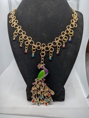 Gold Tone Peacock Pendant Statement Necklace w/ Multicolor Crystal Dangle Charms