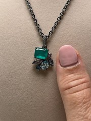 Hematite plated Cable Chain Necklace with Green Blue Cluster Rectangular Pendant