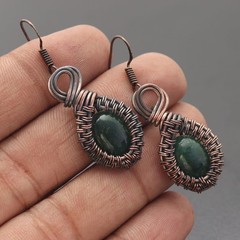 Green Zade Gemstone Copper Wire Wrapped Handmade Earring Jewelry Gift For Wife