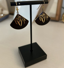 Laurel Burch Signed Black & Gold Tone Fan Dangle Hook Metal Earrings