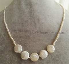 Small 3-4mm White Pearl 13-14mm White Freshwater Coin Pearl Necklace 18”