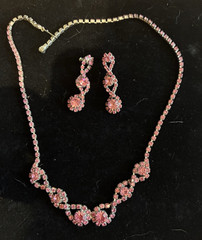 Vintage Pink Round Rhinestone Silver Tone Necklace & Dangle Earrings Jewelry Set