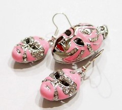 3 Pink/Silver Mardi Gras Enamel Crystal Pendant 39x20mm &Earrings 24x16mm /Charm
