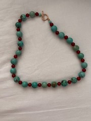 Turquoise And Red Stone Necklace 14K gold clasp