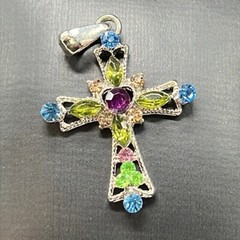 Cross Pendant Multi-Colored Crystal Silver Tone Base Metal Fashion Jewelry