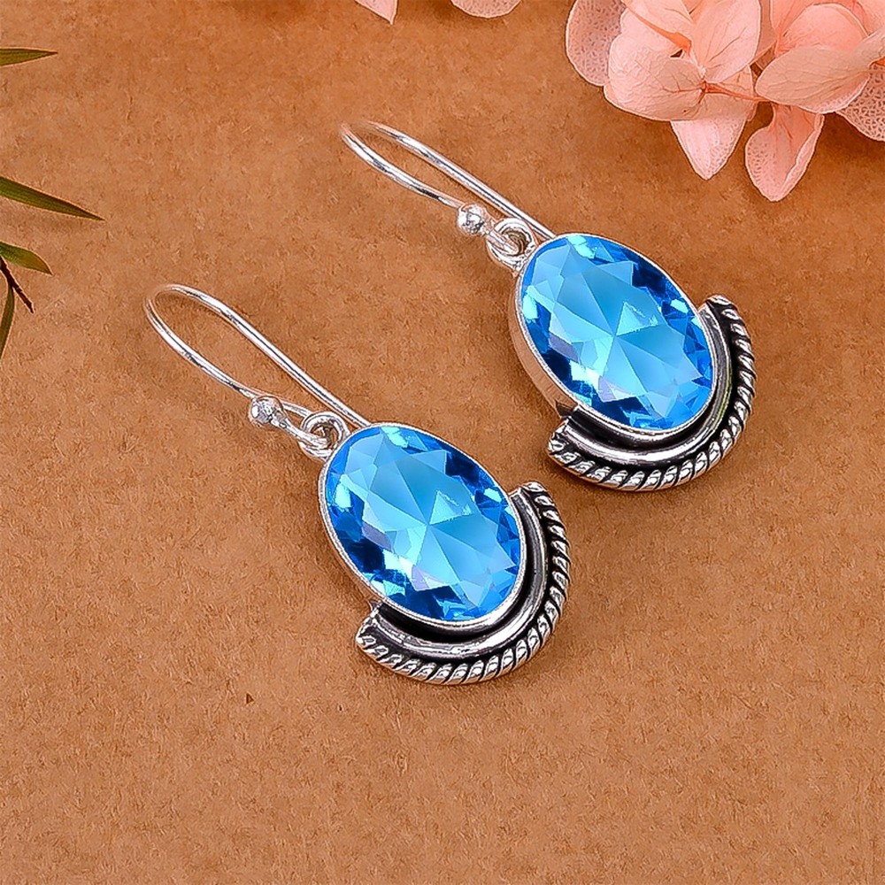 Blue Topaz 925 Sterling Silver Earring, Christmas Gift, Gift For Her E136615