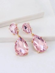 1.5′” Pink Gold Teardrop Rhinestone Long Crystal Prom Pageant Earrings Dangle