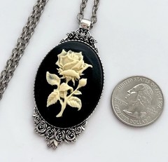 Ivory Long Stemmed Rose on Black Cameo Necklace, Vintage Victorian Style Pendant