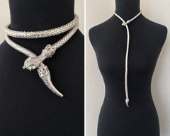 Vintage Silver Chainmail Mesh Serpent Snake Belt Necklace Adjustable Lariat 30”