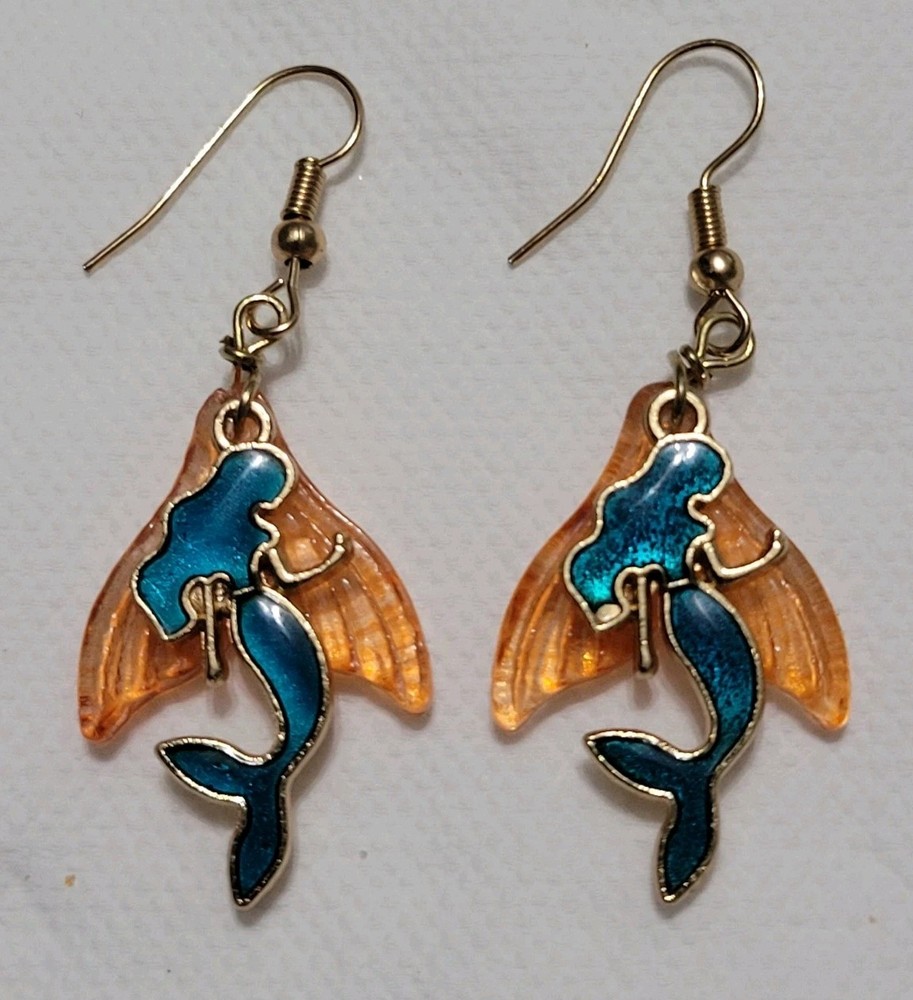 Mermaid Earrings, Teal & Peach, Beach Theme Drop Dangle Ocean Vacation Cruise