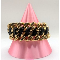VINCE CAMUTO Chain Link Leather Bracelet Gold Tone Black Toggle 6 in