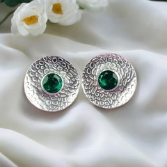 Emerald Gemstone Stud Earrings Sterling Silver Handmade Boho Jewelry 0.89″ Gifts