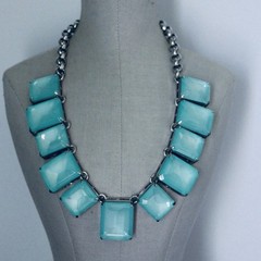 Vintage Ann Taylor Baby Blue Square Beaded Statement Necklace Silver Tone