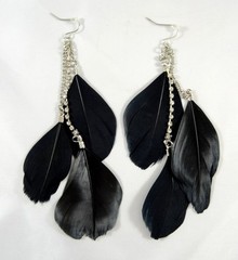 New Pair of Classic Black Authentic 3 Feather Earrings with Rhinestones #E1157