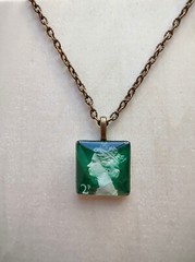 Handmade Authentic Postmarked Queen Elizabeth Postage Stamp Glass Tile Necklace