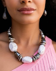 Silver Tone White & Gray Beaded Necklace & Dangle Earrings Set