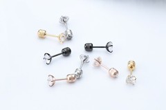 2PCS Silver Stainless Steel Round CZ Earrings Screw Back Ear Stud for Men Women