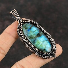 Labradorite Wire Wrapped Pendant Handcrafted Copper Holiday Jewelry 3.03″