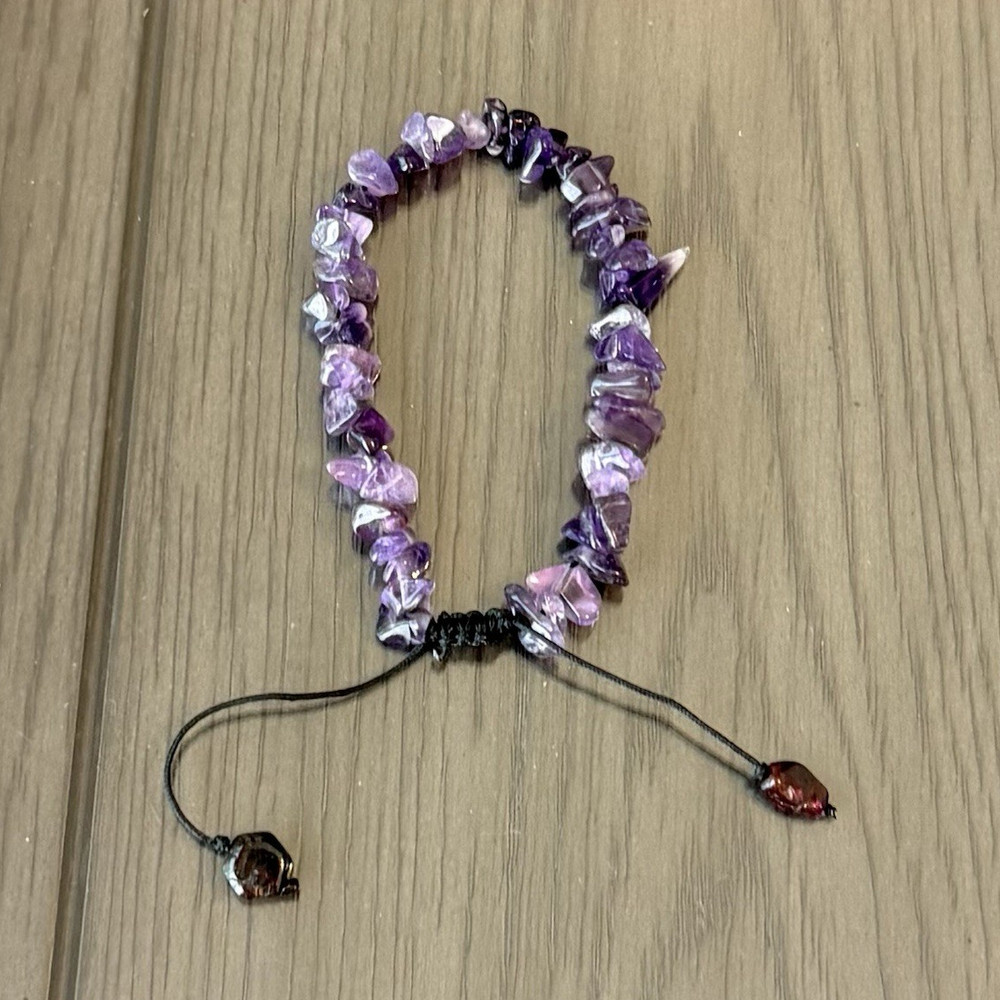 Natural Amethyst Purple Chip Stone Beaded Bracelet Adjustable Cord Sizable