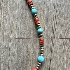 Handmade Sterling Silver Turquoise & Coral Beaded Necklace Dangle Hook Earrings