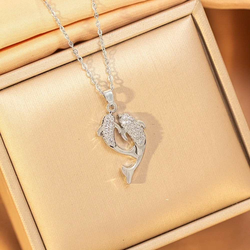 Double Dolphin Pendant Necklace for Women Gold Silver Tone Zircon Charm Stainles