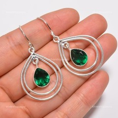 925 Solid Silver Natural Emerald May Birth Dangling Sister Friend Gift Earrings