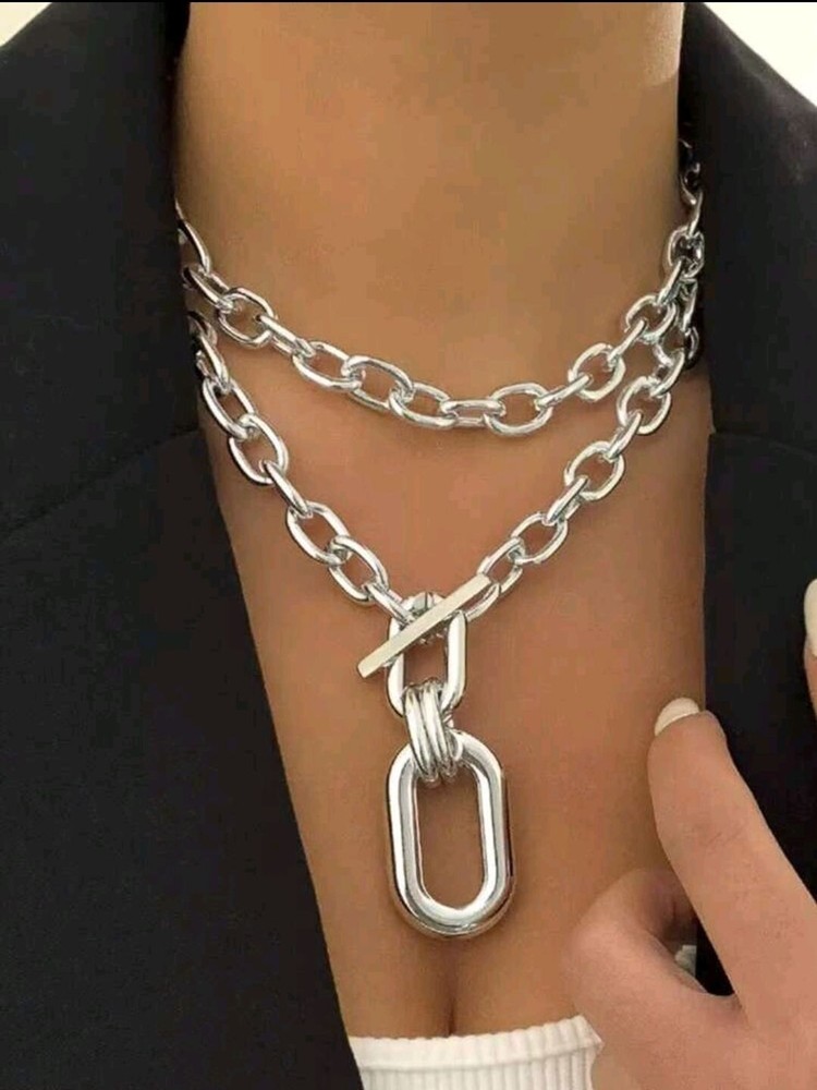 Women’s Jewelry Silver Exaggerated Chunky Mult-Layer Chain Choker Necklace