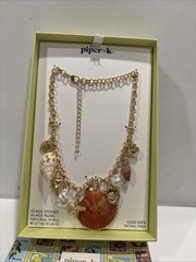 PIPER .K Gold tone metal Glass Pearl Natural Shell Charms Necklace Multi Color