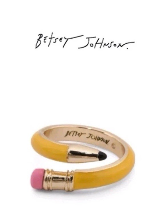 Betsey Johnson Curved Yellow Pencil & Pink Eraser Wrap Ring Size 7.5 NWT & Box