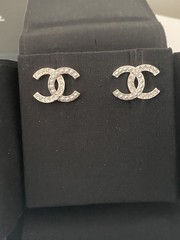 Authentic Chanel Silver Tone Crystal Stud Earrings Medium Size