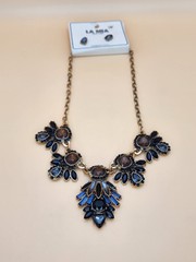 New LA MIA Signed Crystal Gold Tone Statement Necklace Brown Black Blue & Clear
