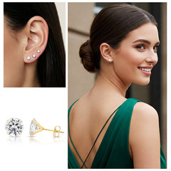 10K Real Solid Gold Solitaire Round CZ Studs Earrings Push-back Stamping 2mm-8mm